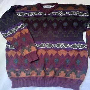 Bugle Boy Co Vintage‎ 80s Abstract Knit Cotton Sweater Burgundy Brown Green L